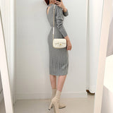 Casual O-Neck Cable Knitted Sweater Dress Winter Long Sleeve Elegant Front Slit Sexy Bodycon Dress