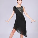 Sequin Fringe V-Neck Sleeveless Ballroom Cha Cha Party Tassel Dress Sequined High Low Hem Bodycon Dance Dress