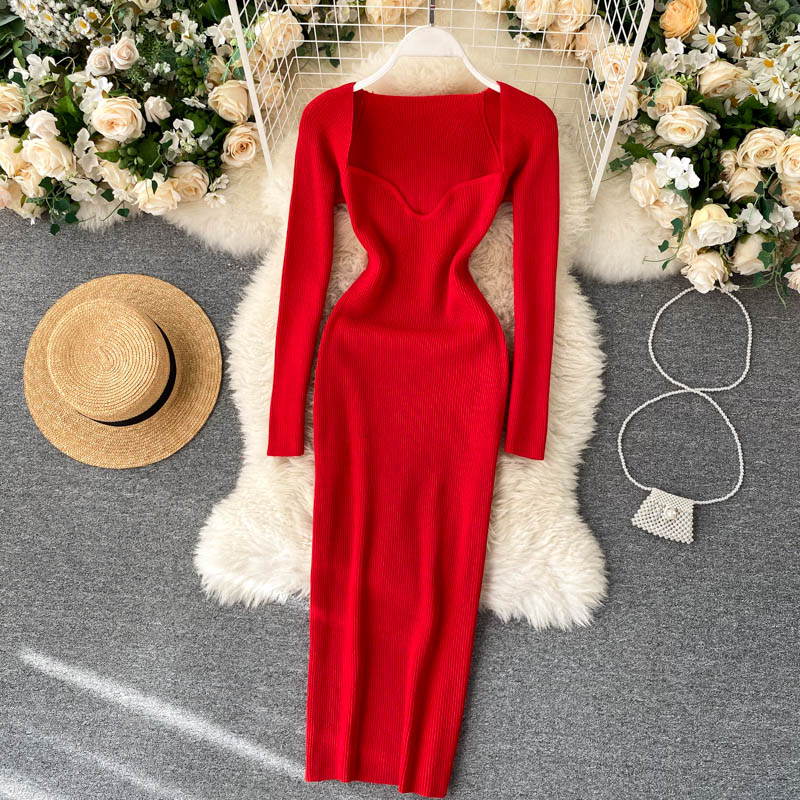 Strapless Ribbed Knitted Bodycon Dress Women Winter Long Sleeve Midi Sweater Dress Clothes
