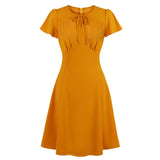 Orange Bowknot High Waist Short Sleeve Swing Casual Party Office Ladies Dresses