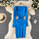 Autumn Winter Mini Dresses For Women Sweetheart Neck Long Sleeve Elegant Ribbed Knitted Dress Sexy Bodycon Dress