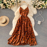 Cross V Neck Spaghetti Strap Sexy Backless Tie Satin Dress Vintage Print Elegant Party Dress