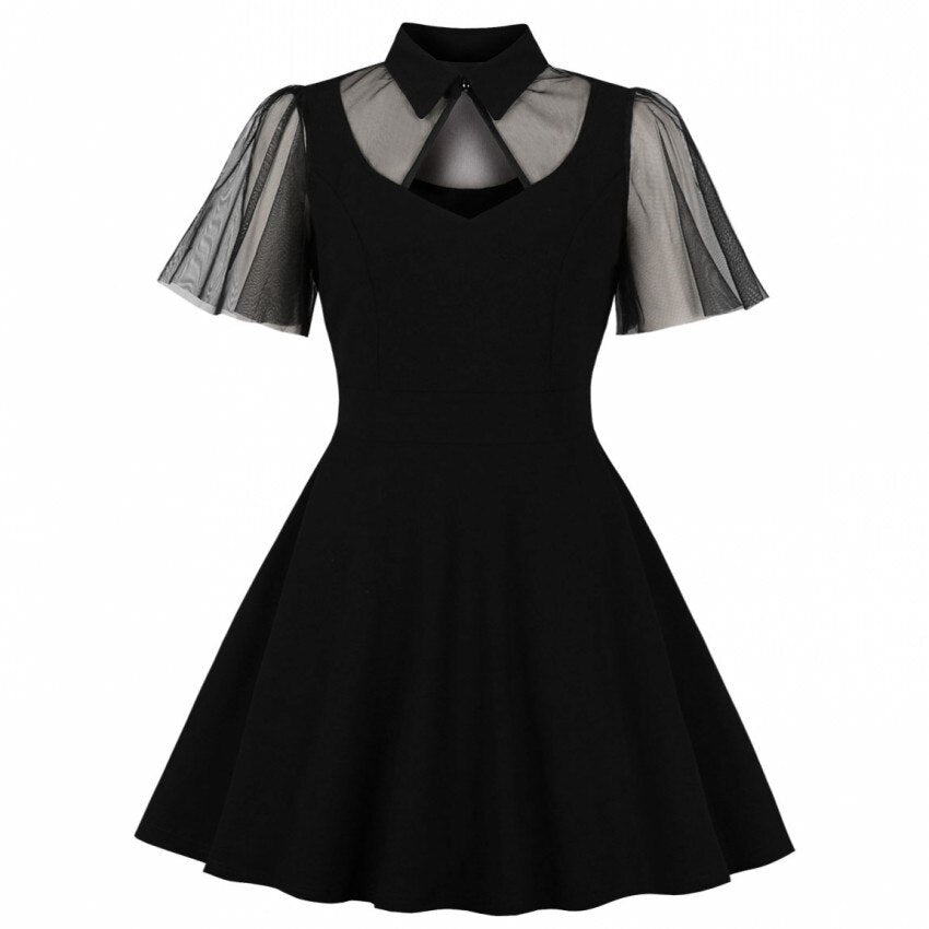 Women Summer Casual Vintage Dress Black Gothic Lace See Through Stylish Mesh Sleeve Hollow Sexy Goth Party Elegant Swing Dresses
