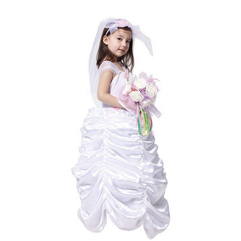 Little Bride Wedding Belle Costumes Girls White Color Bride Costume Halloween Masquerade Party Dress