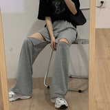 Women Casual Sweatpants Korean Style Solid Color Hole Elastic High Waist Loose Straight Pants