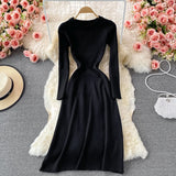 Fall Winter Elegant Crew Neck Long Sleeve Ribbed Knitted Dress Knee Length Casual Midi Dress