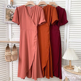 Elegant Wrap Woman V Neck Short Sleeve Solid Color Casual Belted Midi Dress