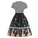 Elegant Vintage Striped Print Patchwork Short Sleeve Robe Pin Up Retro Party Dress