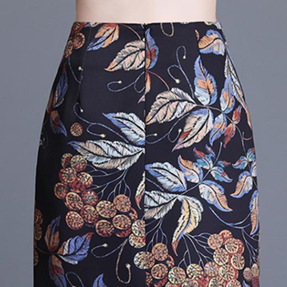 Vintage Floral Print Pencil Women Korean Bodycon Black High Waist Ladies Half Length Skirt