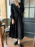 Elegant Office Lady Belted Faux Wrap Dress V Neck Long Sleeve Vintage Midi Dress