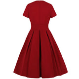 Solid Women Casual Summer Dress Retro Vintage V Neck Elegant Slim Fit Red Pleated Party Sundress Robe Femm 50S 60S Vestidos