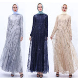 A-line Tulle Sequins Dress Arab Slim Muslim Dress Floor-Length Prom Gowns Robe De Soriee Full-Sleeve high-neck Vestios Plus Size