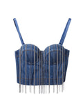 New Autumn Denim Crop Tops Metal Chain Tassel Push Up Sexy Corset Tops Performance To Wear Out Ladies Camis