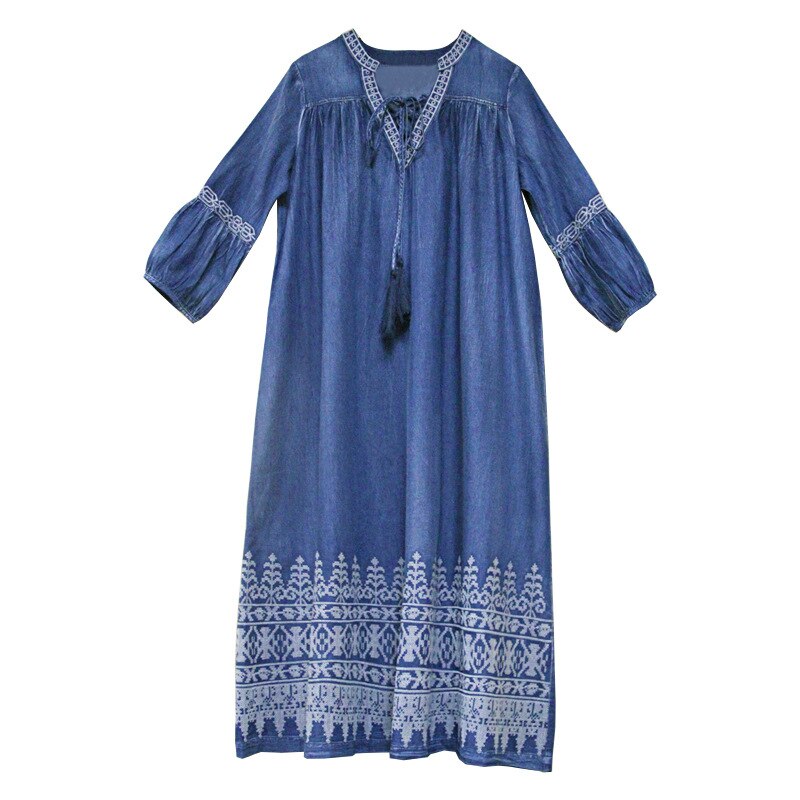 Denim Vintage Embroidery Women Casual Loose V-Neck Lace-up Dress Outwear
