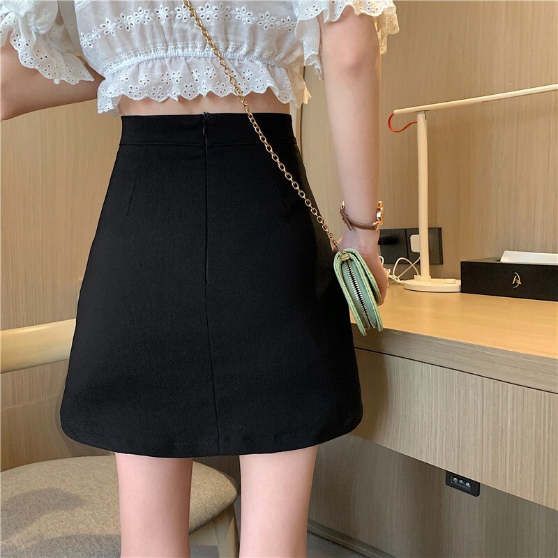 Women High Waist Mini Skirts Korean Style All-match Lace-up Ladies Elegant A-line Black Skirt