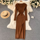 Autumn Winter Midi Dresses For Women Elegant V Neck Long Sleeve Ribbed Knitted Dress With Slit Sexy Bodycon Dress