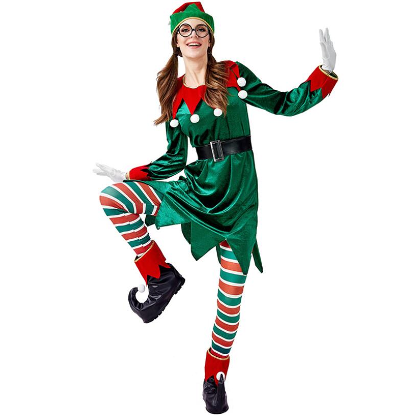 Christmas Elf Costume Adults Women Santa Elf Dress Up 7-Piece Set Cosplay Costume Fantasia Party Christmas Tree Outfit