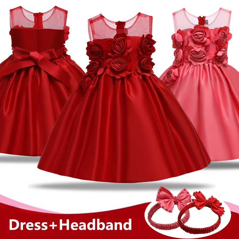 Baby Girls Christmas Flower Princess Dress New Year Red Costume 1 2 Years Birthday Party Dress Tollder Wedding Ball Gown Clothes