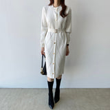 Crew Neck Long Sleeve Button Up Cardigan Sweater Dress With Belt Office Elegant Knitted Midi Dress