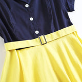 Turn-Down Collar Buttons Two Tone Elegant Patchwork Cotton Dress 50s Vintage Women Short Sleeve Swing Dresses with Belt