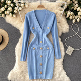 Autumn Winter Long Sleeve Office Elegant Knitted Dress Women Button Embellished Deep V Neck Sexy Mini Bodycon Dress