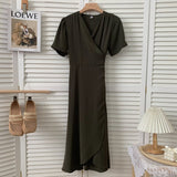 Elegant Wrap Woman V Neck Short Sleeve Solid Color Casual Belted Midi Dress