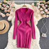 Women Polo Neck Long Sleeve Mini Dress Front Button Sexy Party Ribbed Knitted Bodycon Dress