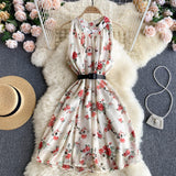 Beach Chiffon Floral Summer Dress Round Neck Sleeveless Casual Mini Dress With Belt