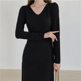 Autumn Winter V Neck Long Sleeve Basic Elegant Sweater Dress Chic Knitted A Line Casual Midi Dress