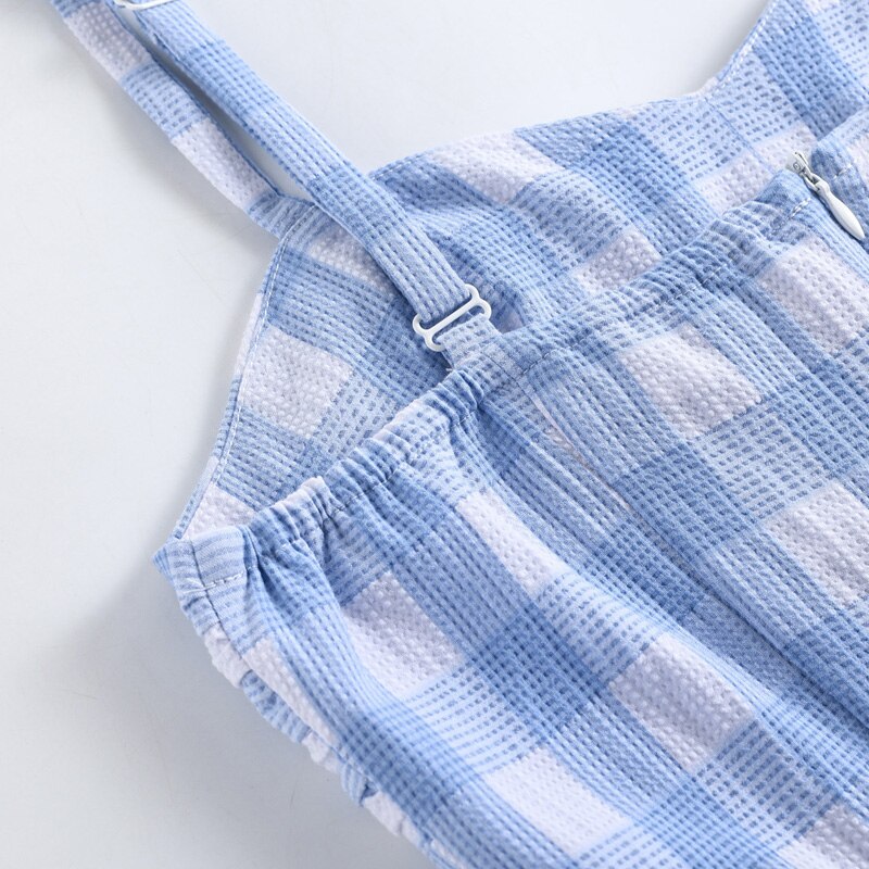Spaghetti Strap Blue Plaid 50s Women Vintage Pinup Summer Swing Fit and Flare Slim Cami Dress