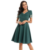 Dark Green Vintage V Neck Patchwork Plaid Short Sleeve Robe Pin Up Swing Retro Dress