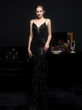 Sexy Backless V Neck Cocktail Dress Sleeveless Suspender Party Dress Floor Length Sequins Mermaid Robes Women Vestidoes New