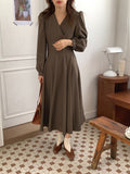 Elegant Office Lady Belted Faux Wrap Dress V Neck Long Sleeve Vintage Midi Dress