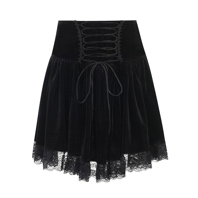 New Corduroy Black Women Mini Skirt Women Vintage 90s Aesthetic School Girl Mini Skirts Gothic Lace Trim Hem Cute Kawaii Clothes