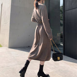 2021 Vintage Women Knitted Dress Autumn Winter Brief V-neck Warm Drawstring Lace-up Loose Midi Female Sweater Dress