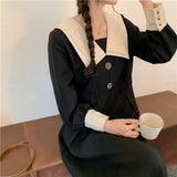 Women Elegant Vintage Corduroy Dress Double Layer Collar Lantern Sleeve Belt Casual Dresses Vestidos