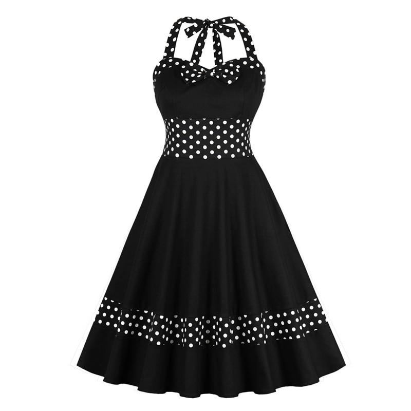 Bow Front Polka Dot Pin Up Vintage 50s Party Elegant Halter Rockabilly Dress Women Backless High Waist Pockets Ladies Dresses