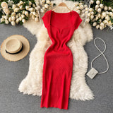 Spring Summer Short Cap Sleeve Knitted Sexy Bodycon Dress Back Slit Square Neck Casual Vintage Elegant Midi Dress