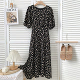 Elegant Waist Tie Vintage Floral Chiffon Midi Dress O-Neck Short Puff Sleeve Summer Dress