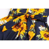 Navy Blue Floral Women High Waist Sleeve Robe Pin Up Swing Cotton Vintage Dress