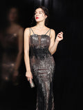 Slash Neck Sleeveless Shinning Sequin Sexy Mermaid Cocktail Dress Women Formal Full Length Stretch Slim Party Prom Gowns