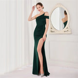 Women Green New One Shoulder Soft Satin Party Maxi Dress Sexy Slit Evening Dress Long Prom Dress