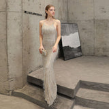 Sleeveless Tassels Evening Dress Halter-Neck Formal Dress For Women Backless Long Robe De Soriee Sequin Prom Mermaid Party Dress