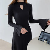 Fall Winter Sexy Cut Out Mock Neck Casual Sweater Dress Flare Sleeve Chic Knitted Elegant Midi Dress