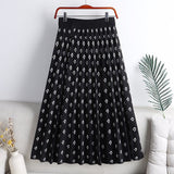 High Waist Fall Winter Letter Knitted Pleated Skirts Elastic Waist A Line Casual Midi Skirt