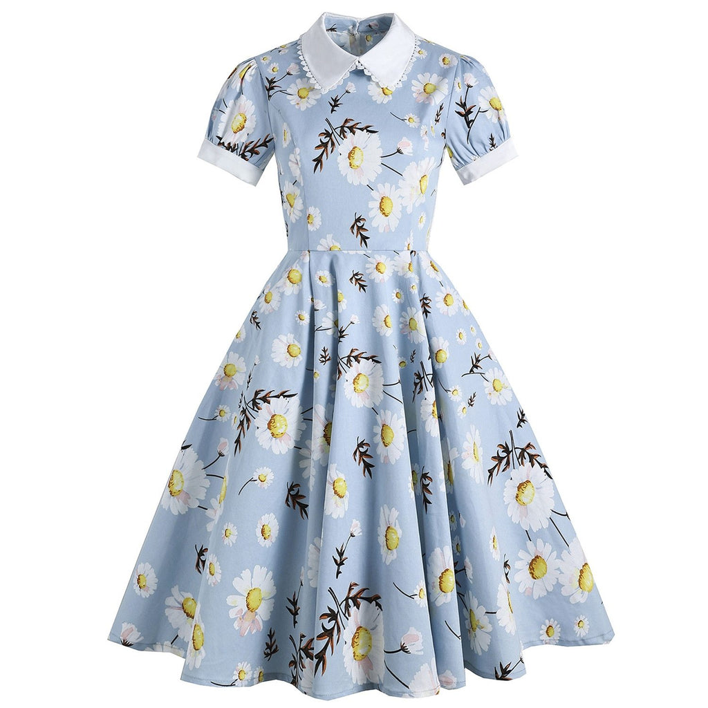 2023 Flora Blue Summer Casual A Line Women Dress With Pocket Little Daisy Peter Pan Collar Swing Rockabilly 40s 50s 60s Sundress