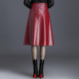 Office Midi Women Leather Maxi Skirt Ladies High Waist Pocket Autumn Red Black Formal Skirt