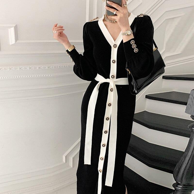 Autumn Winter Elegant Office Single Breasted Cardigan Sweater Dress With Belt Sexy Knitted Bodycon Midi Dress Women