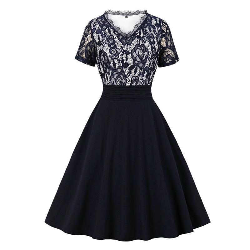 2021 V Neck Short Sleeve Floral Lace Women Elegant Patchwork Dress Navy Blue A-Line Vintage Female Summer Knee-Length Dresses