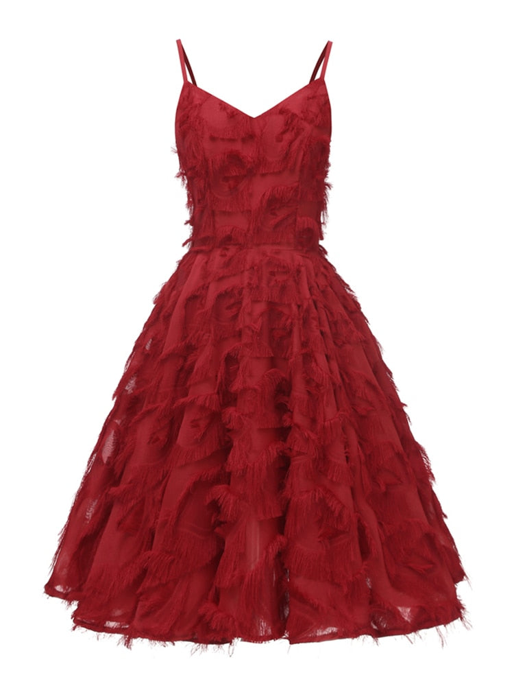 Vintage High Waist A-Line Fringe Red V-Neck Spaghetti Strap Women Party Summer Ladies Slim Dress